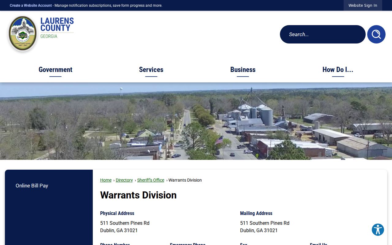 Laurens County Warrant Division directory with telephone address and fax