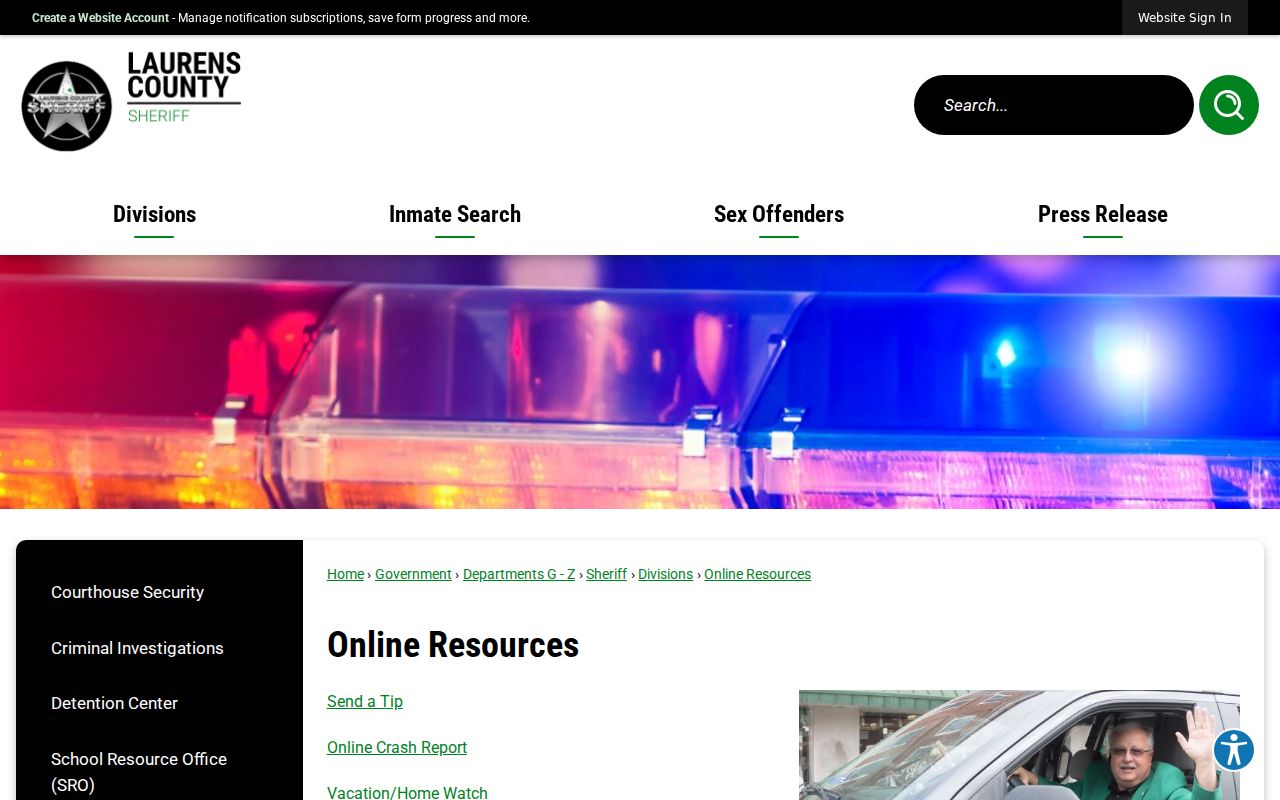 Laurens County Online Resources page showing the stale Wanted Persons link