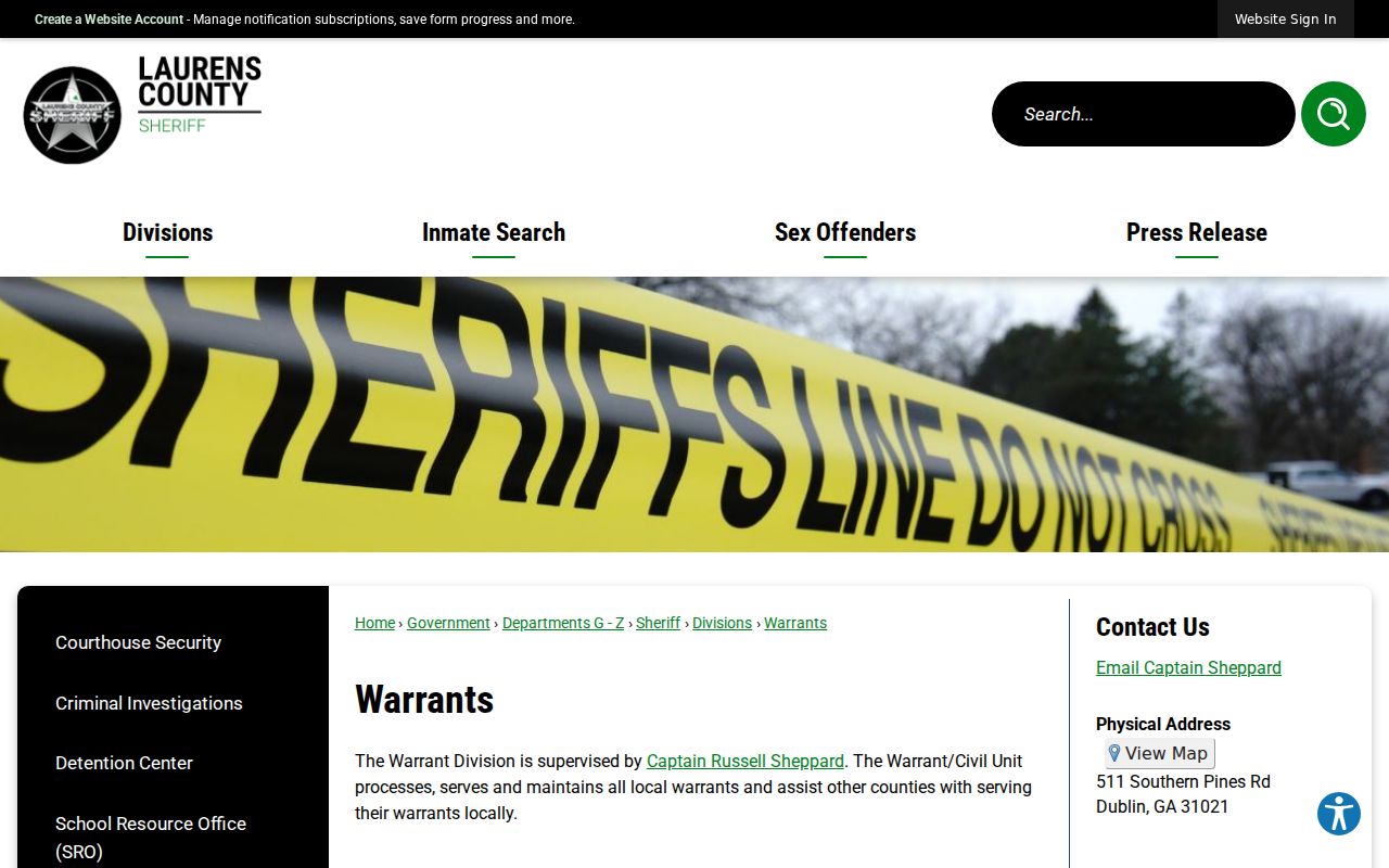 Laurens County Warrant and Civil Unit official contact page